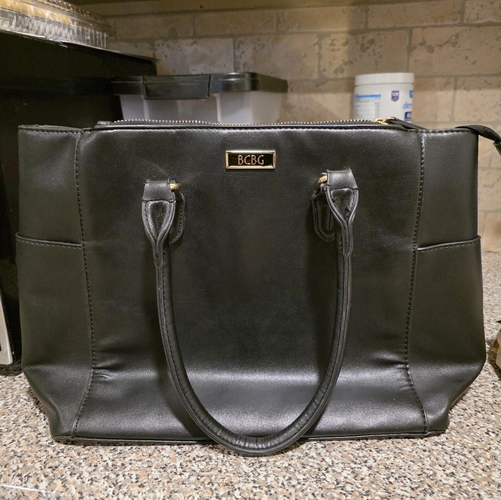 BCBG Black Satchel with Double Handles and Metallic Hardware
